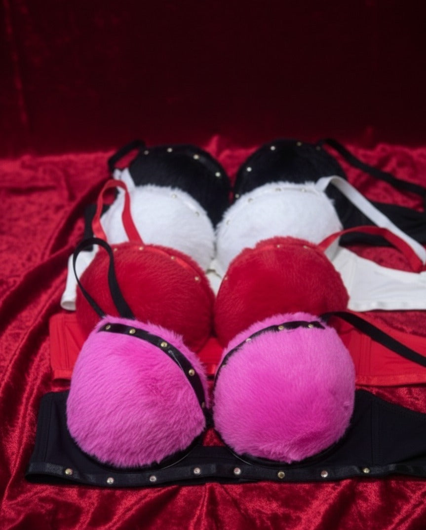 Premium Quality Faux Fur Bra - Soft Padded Cups and Rhinestone Stud Trim