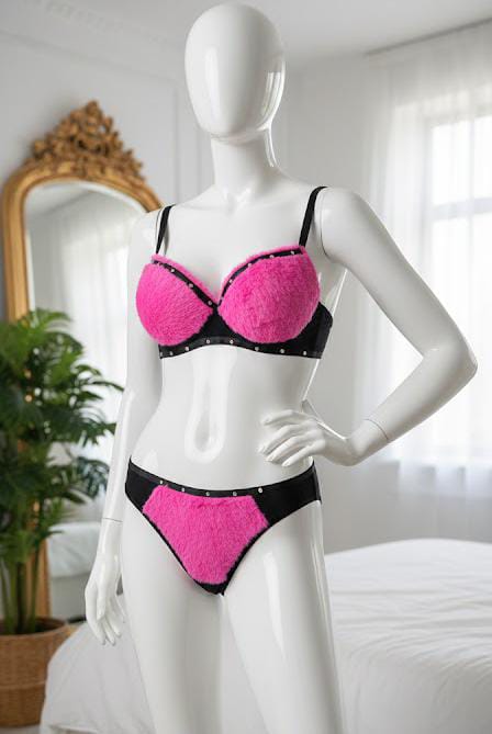 Premium Quality Faux Fur Bra - Soft Padded Cups and Rhinestone Stud Trim